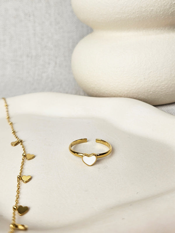 RVS Ring Single white heart goud