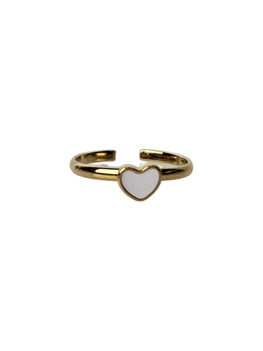 RVS Ring Single white heart goud